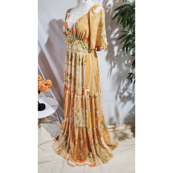 Flying Tomato Floral Bandana Print Tiered Maxi Dress L Cottage Prairie Country - Picture 2 of 11